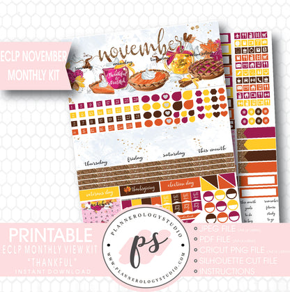 Thankful Thanksgiving November 2017 Monthly View Kit Printable Planner Stickers (for use with ECLP) - Plannerologystudio