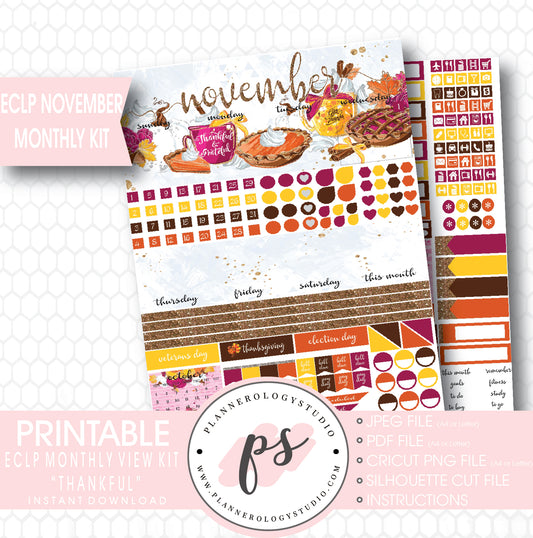 Thankful Thanksgiving November 2017 Monthly View Kit Printable Planner Stickers (for use with ECLP) - Plannerologystudio