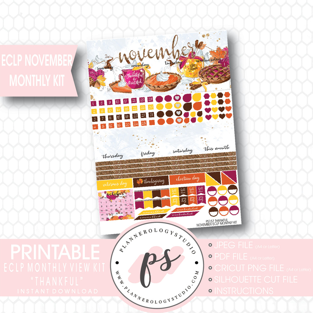 Thankful Thanksgiving November 2017 Monthly View Kit Printable Planner Stickers (for use with ECLP) - Plannerologystudio