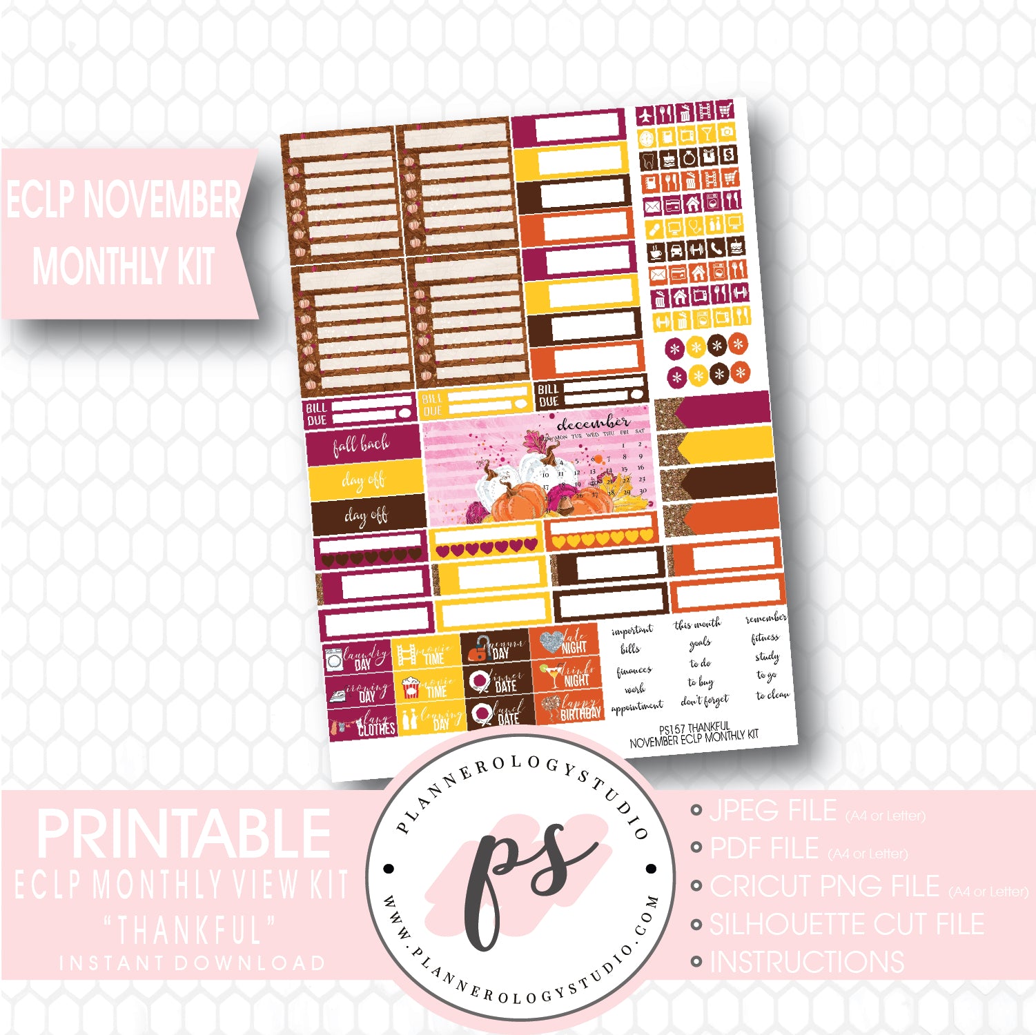 Thankful Thanksgiving November 2017 Monthly View Kit Printable Planner Stickers (for use with ECLP) - Plannerologystudio