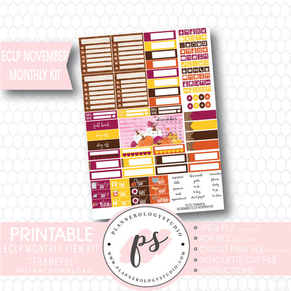 Thankful Thanksgiving November 2017 Monthly View Kit Printable Planner Stickers (for use with ECLP) - Plannerologystudio