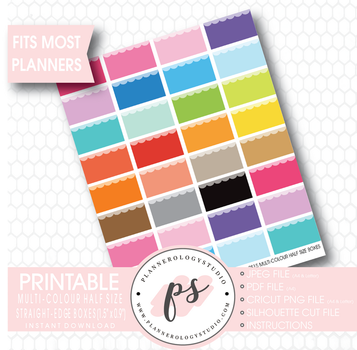 Multi-Colour Half Size Straight Edge Boxes Printable Planner Stickers - Plannerologystudio