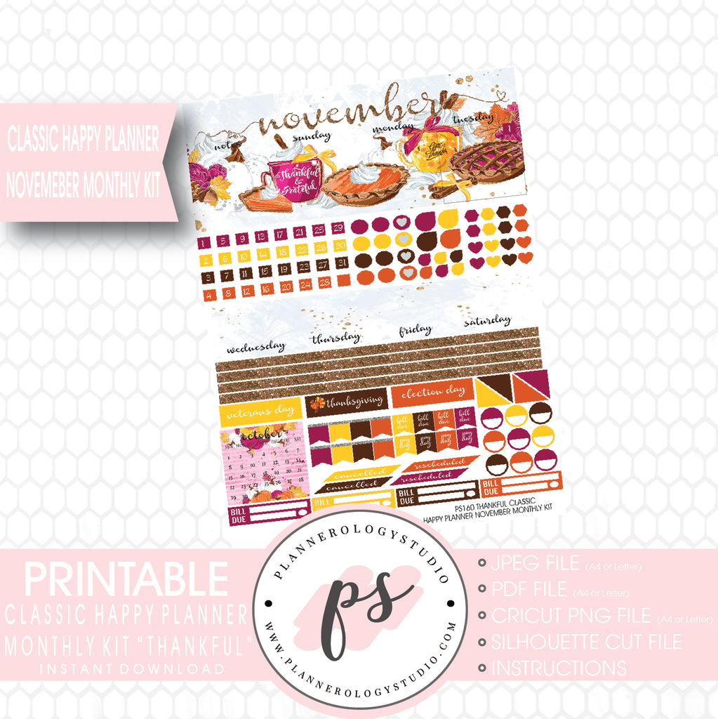 Thankful Thanksgiving November 2017 Monthly View Kit Printable Planner Stickers (for use with Classic Happy Planner) - Plannerologystudio