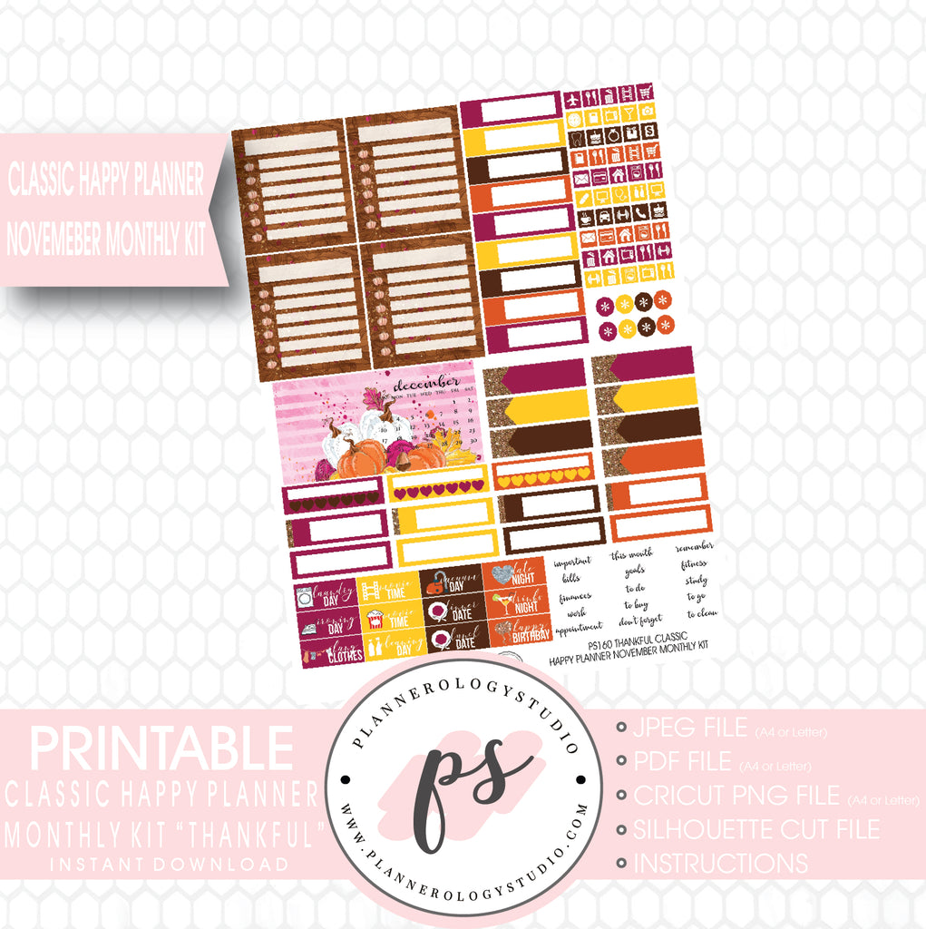 Thankful Thanksgiving November 2017 Monthly View Kit Printable Planner Stickers (for use with Classic Happy Planner) - Plannerologystudio