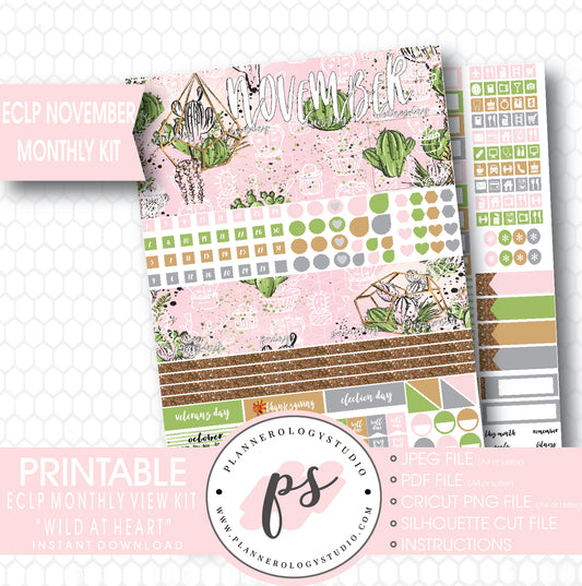Wild at Heart Cactus November 2017 Monthly View Kit Printable Planner Stickers (for use with ECLP) - Plannerologystudio