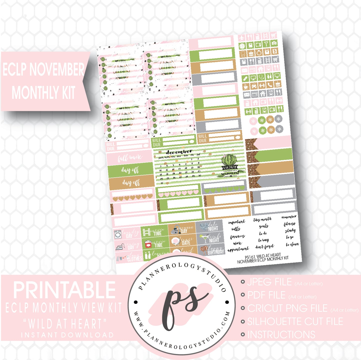 Wild at Heart Cactus November 2017 Monthly View Kit Printable Planner Stickers (for use with ECLP) - Plannerologystudio