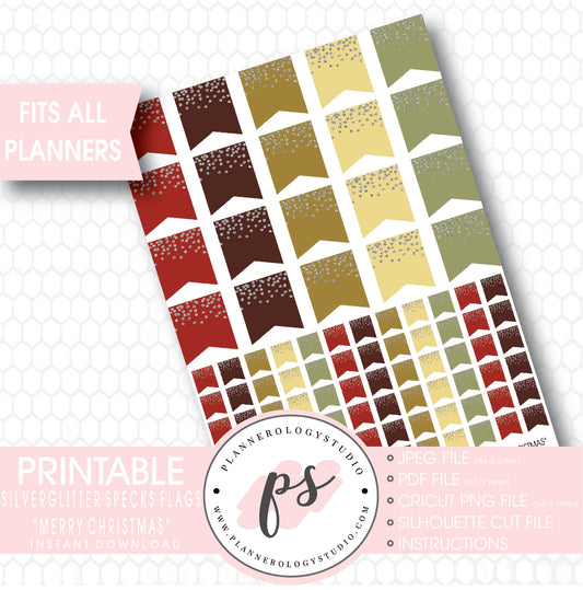 "Merry Christmas" Silver Glitter Specks Flags Printable Planner Stickers - Plannerologystudio