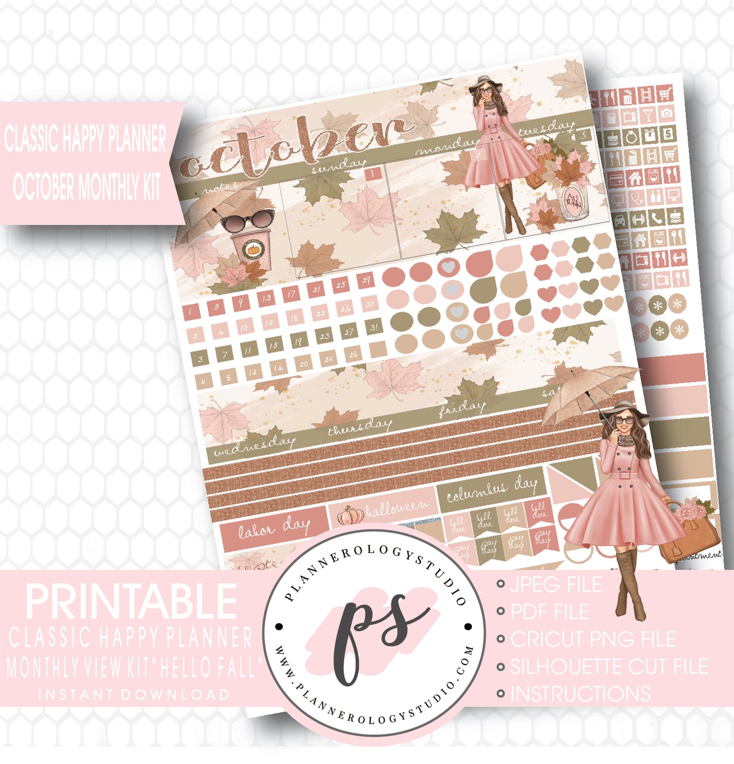 "Hello Fall" October 2017 Monthly View Kit Printable Planner Stickers (for use with Classic Happy Planner) - Plannerologystudio