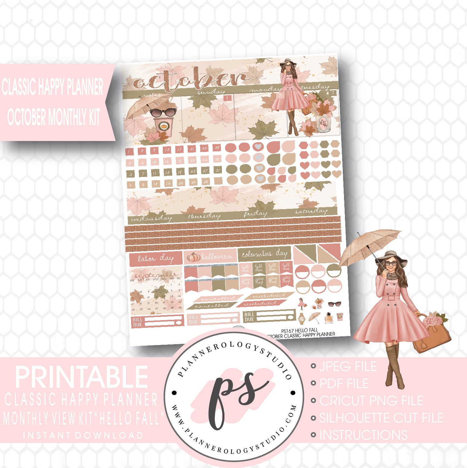"Hello Fall" October 2017 Monthly View Kit Printable Planner Stickers (for use with Classic Happy Planner) - Plannerologystudio