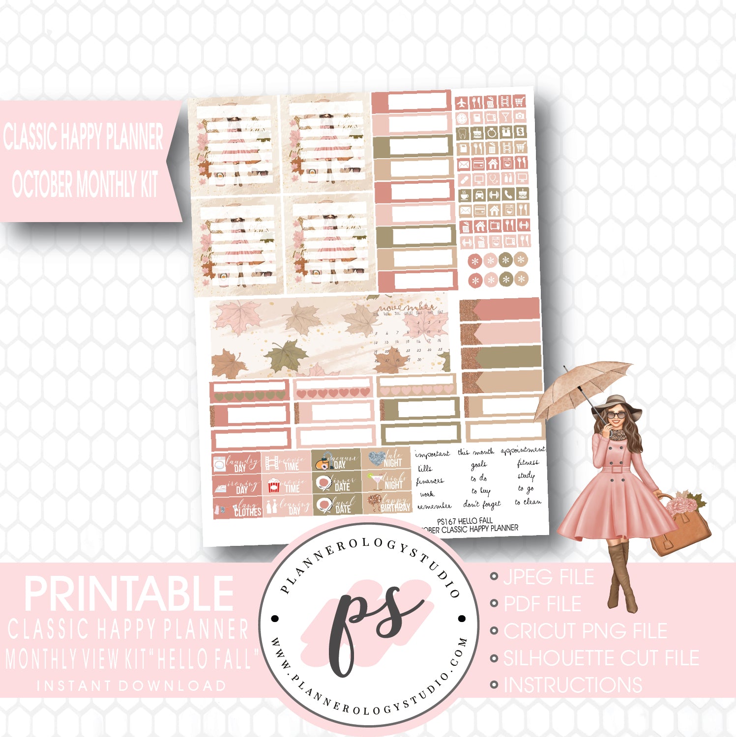 "Hello Fall" October 2017 Monthly View Kit Printable Planner Stickers (for use with Classic Happy Planner) - Plannerologystudio