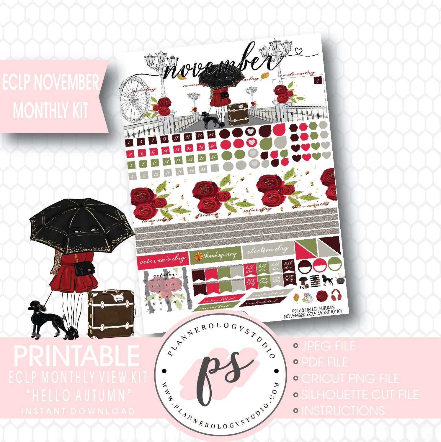 Hello Autumn (Fall) November 2017 Monthly View Kit Printable Planner Stickers (for use with ECLP) - Plannerologystudio