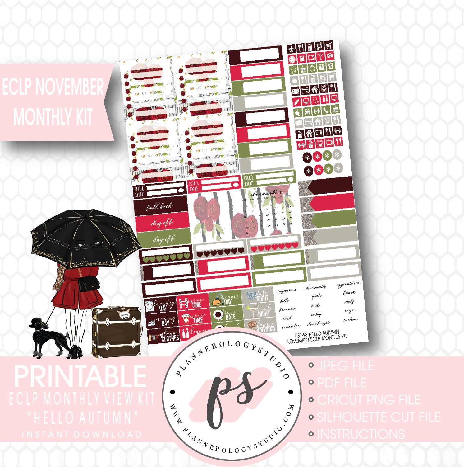 Hello Autumn (Fall) November 2017 Monthly View Kit Printable Planner Stickers (for use with ECLP) - Plannerologystudio