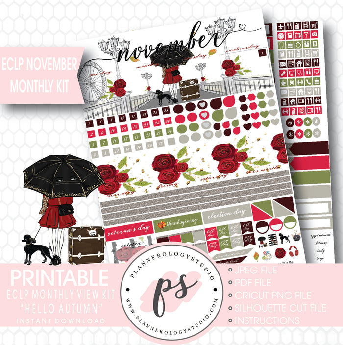 Hello Autumn (Fall) November 2017 Monthly View Kit Printable Planner Stickers (for use with ECLP) - Plannerologystudio