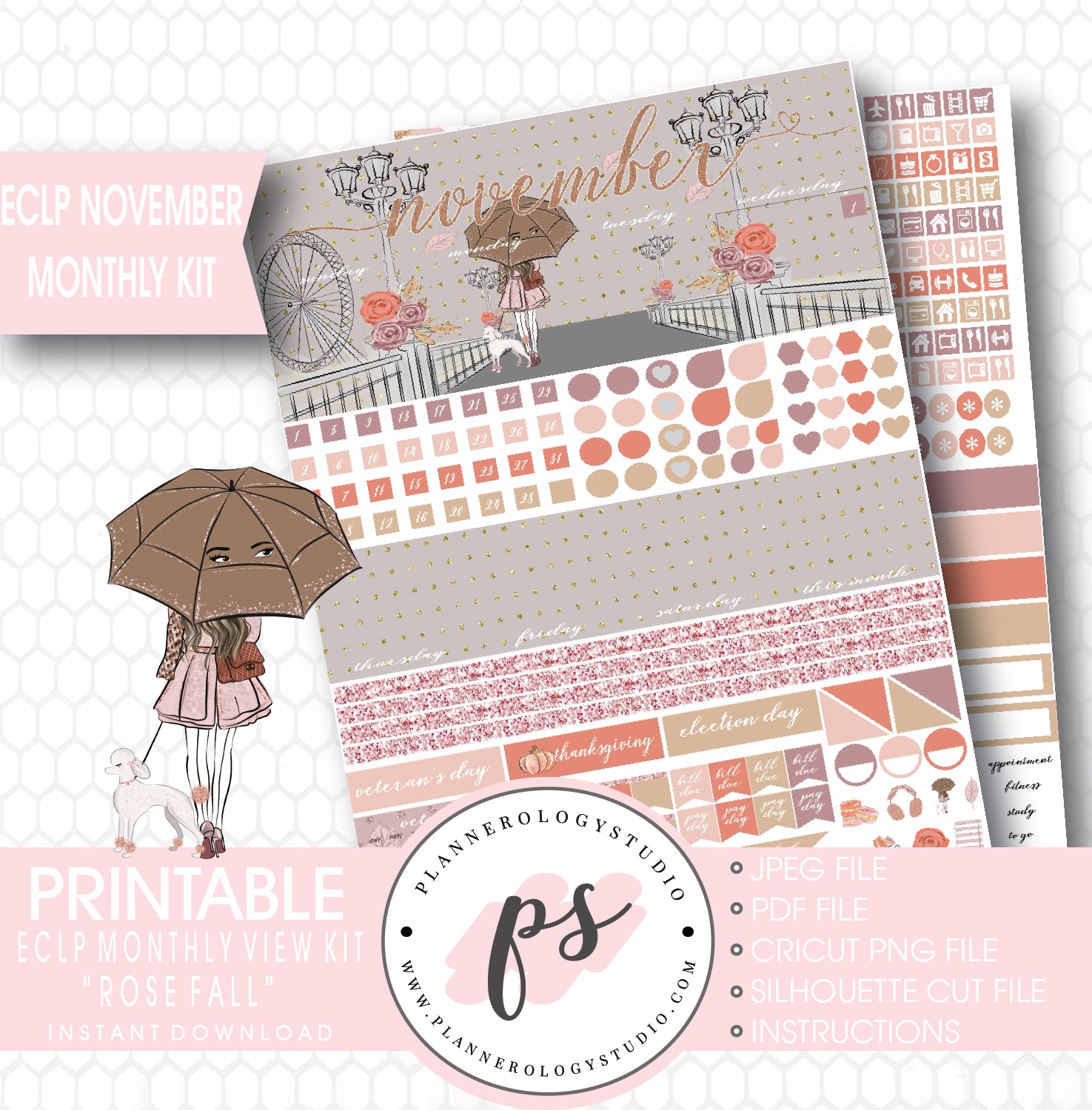 Rose Fall November 2017 Monthly View Kit Printable Planner Stickers (for use with ECLP) - Plannerologystudio