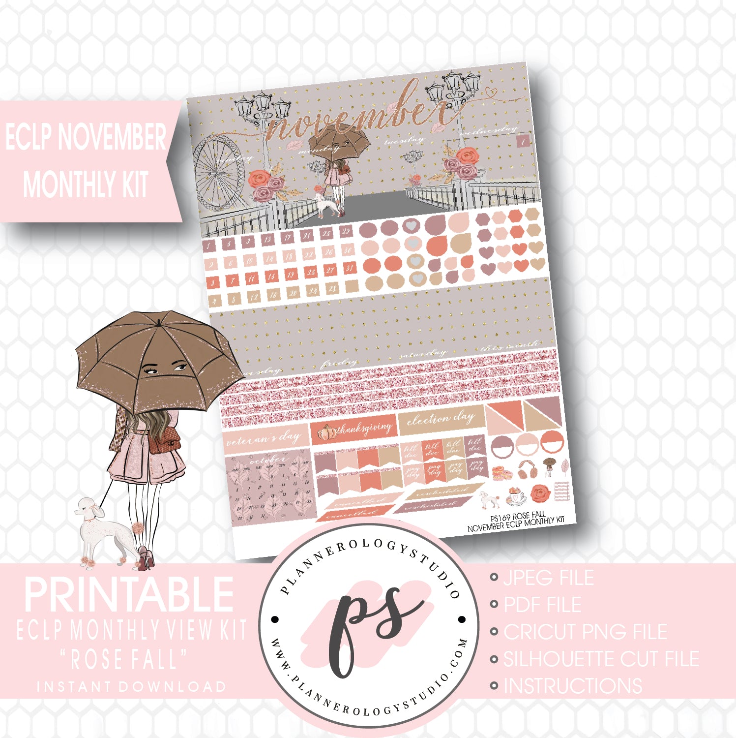 Rose Fall November 2017 Monthly View Kit Printable Planner Stickers (for use with ECLP) - Plannerologystudio