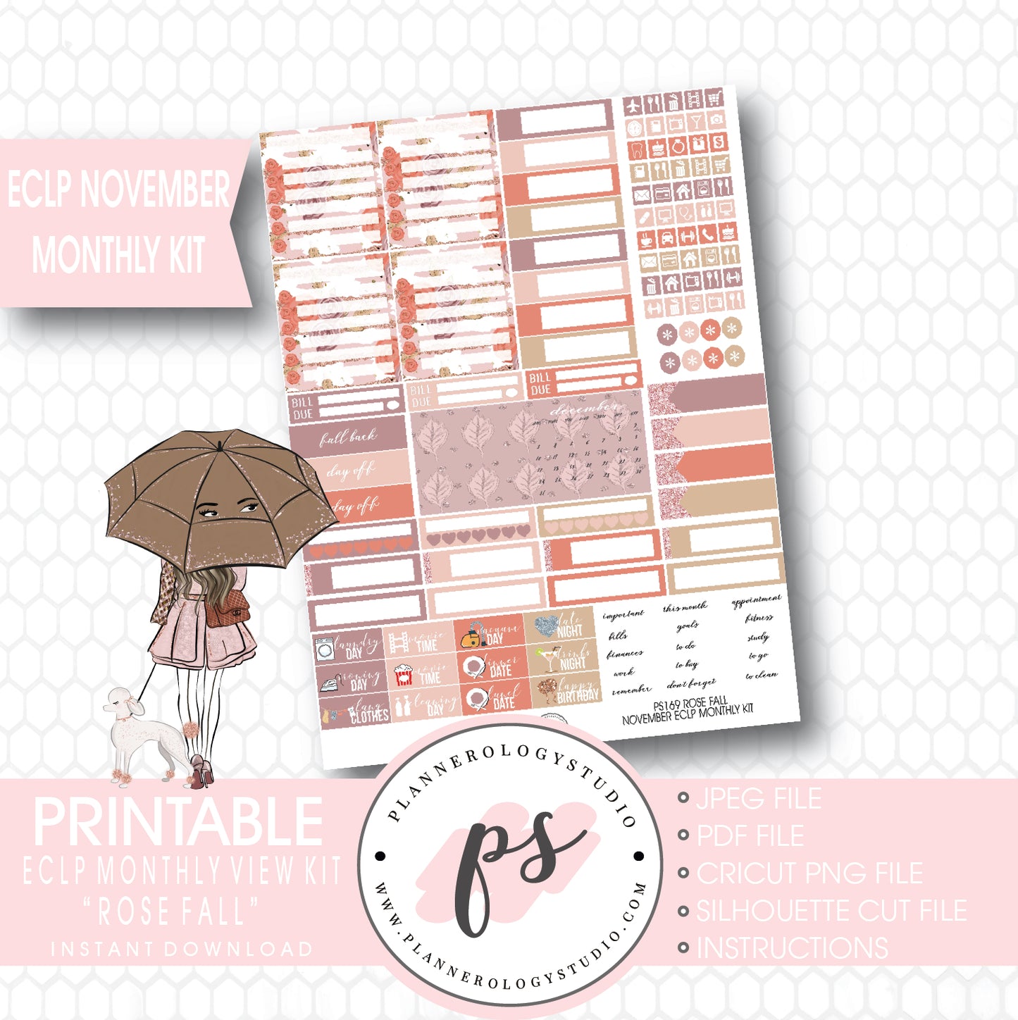 Rose Fall November 2017 Monthly View Kit Printable Planner Stickers (for use with ECLP) - Plannerologystudio