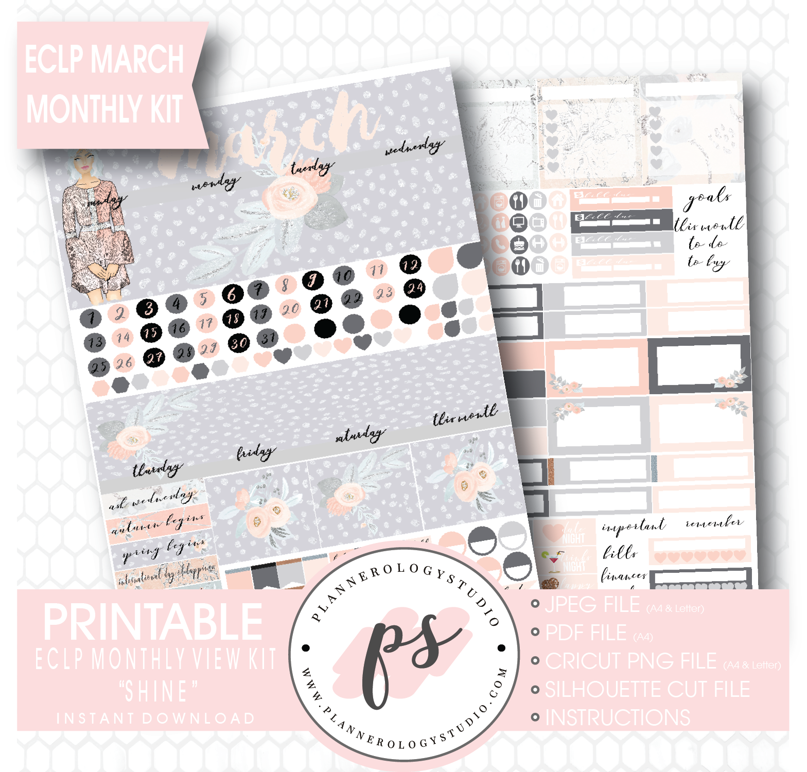 Shine March 2017 Monthly View Kit Printable Planner Stickers (for use with ECLP) - Plannerologystudio