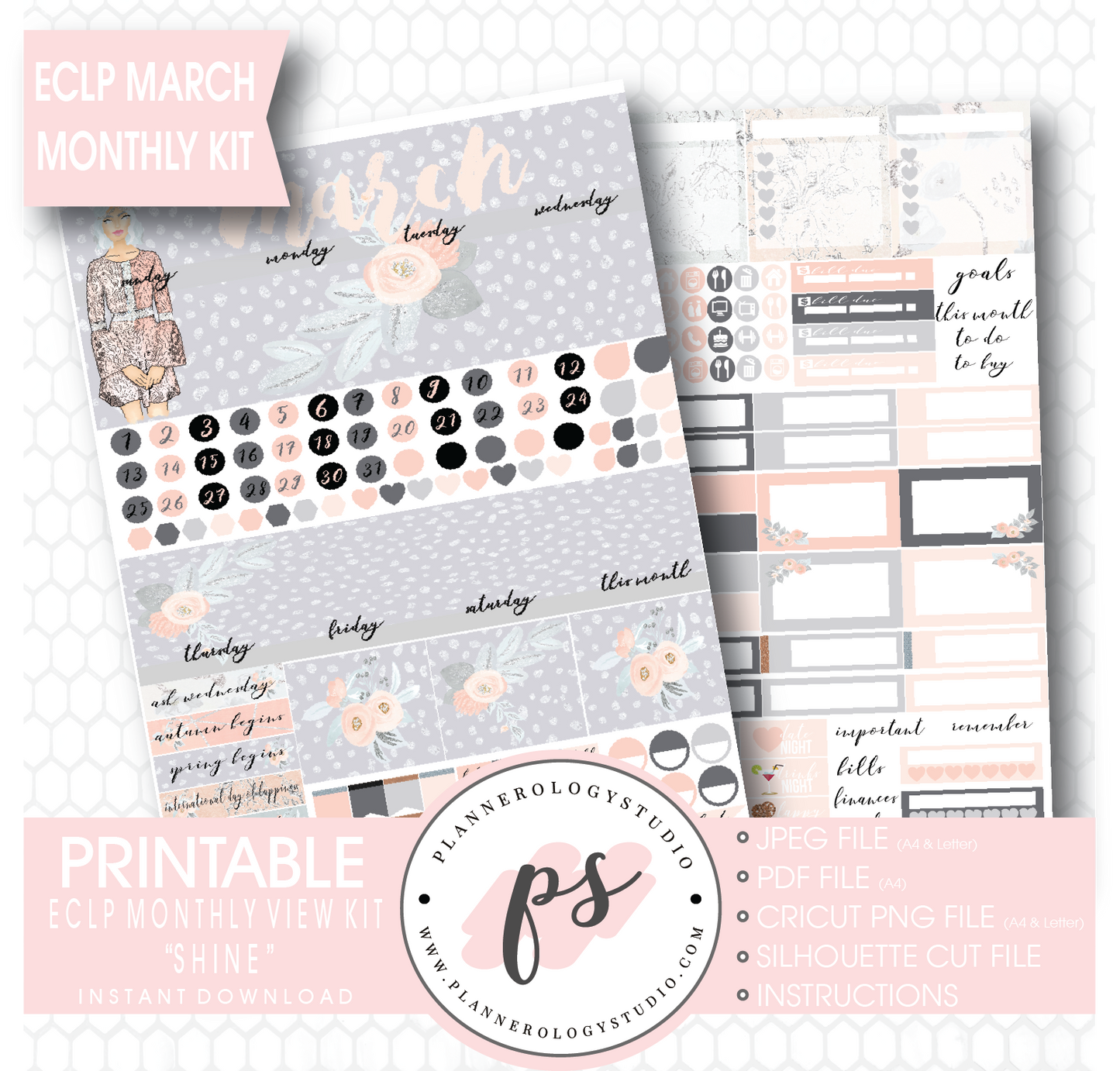 Shine March 2017 Monthly View Kit Printable Planner Stickers (for use with ECLP) - Plannerologystudio
