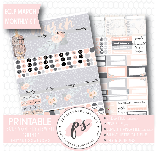 Shine March 2017 Monthly View Kit Printable Planner Stickers (for use with ECLP) - Plannerologystudio