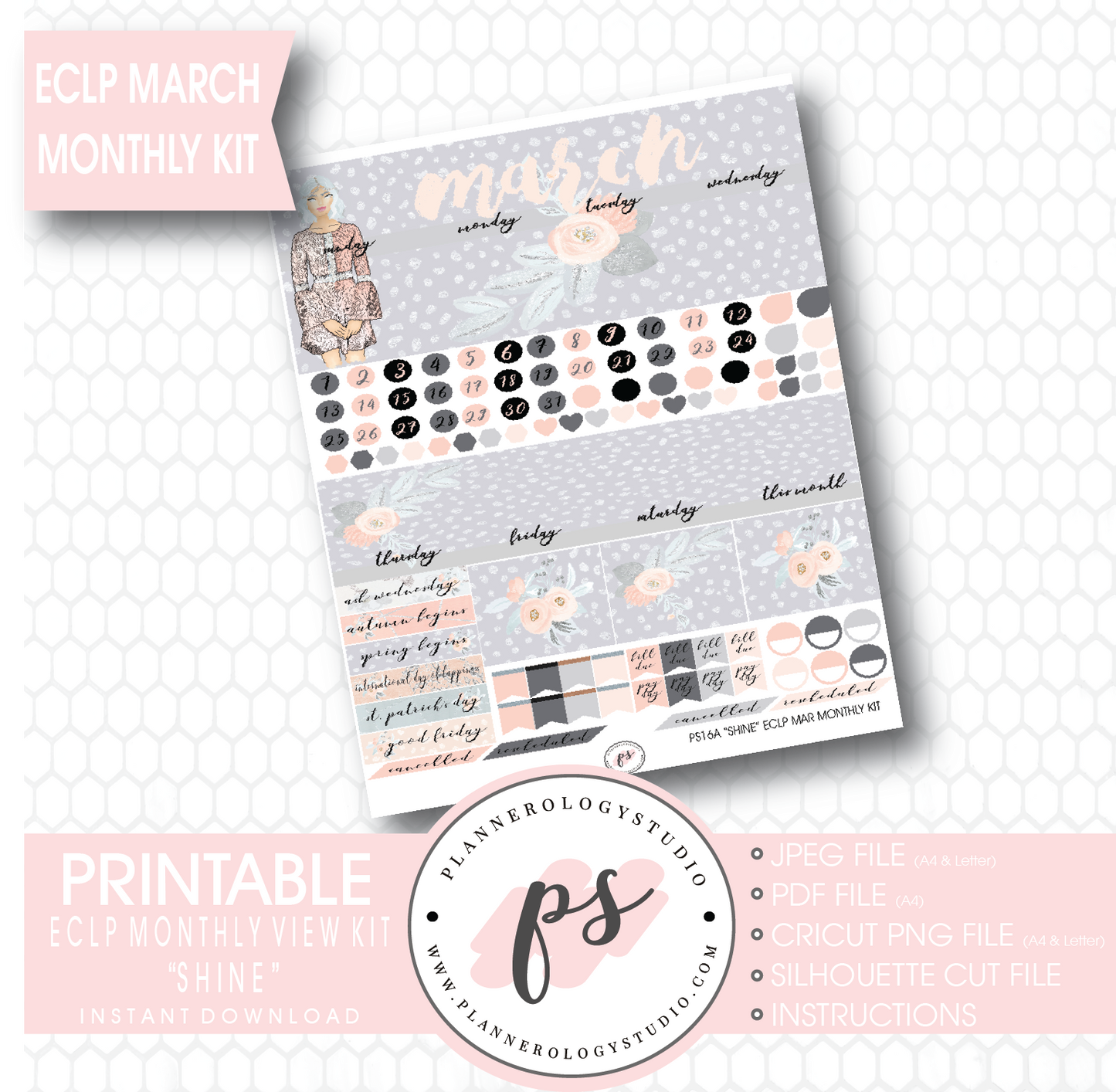 Shine March 2017 Monthly View Kit Printable Planner Stickers (for use with ECLP) - Plannerologystudio