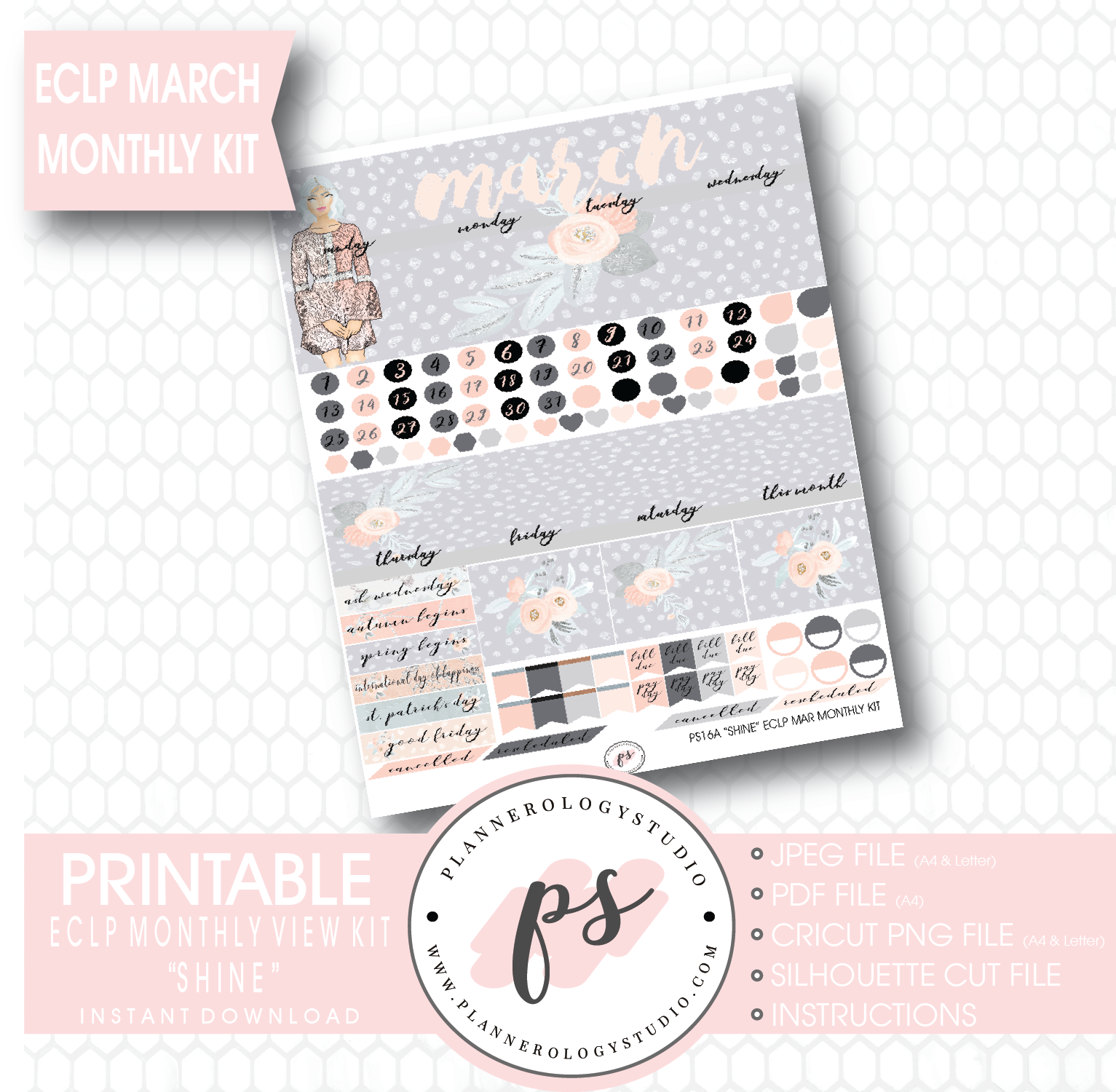 Shine March 2017 Monthly View Kit Printable Planner Stickers (for use with ECLP) - Plannerologystudio