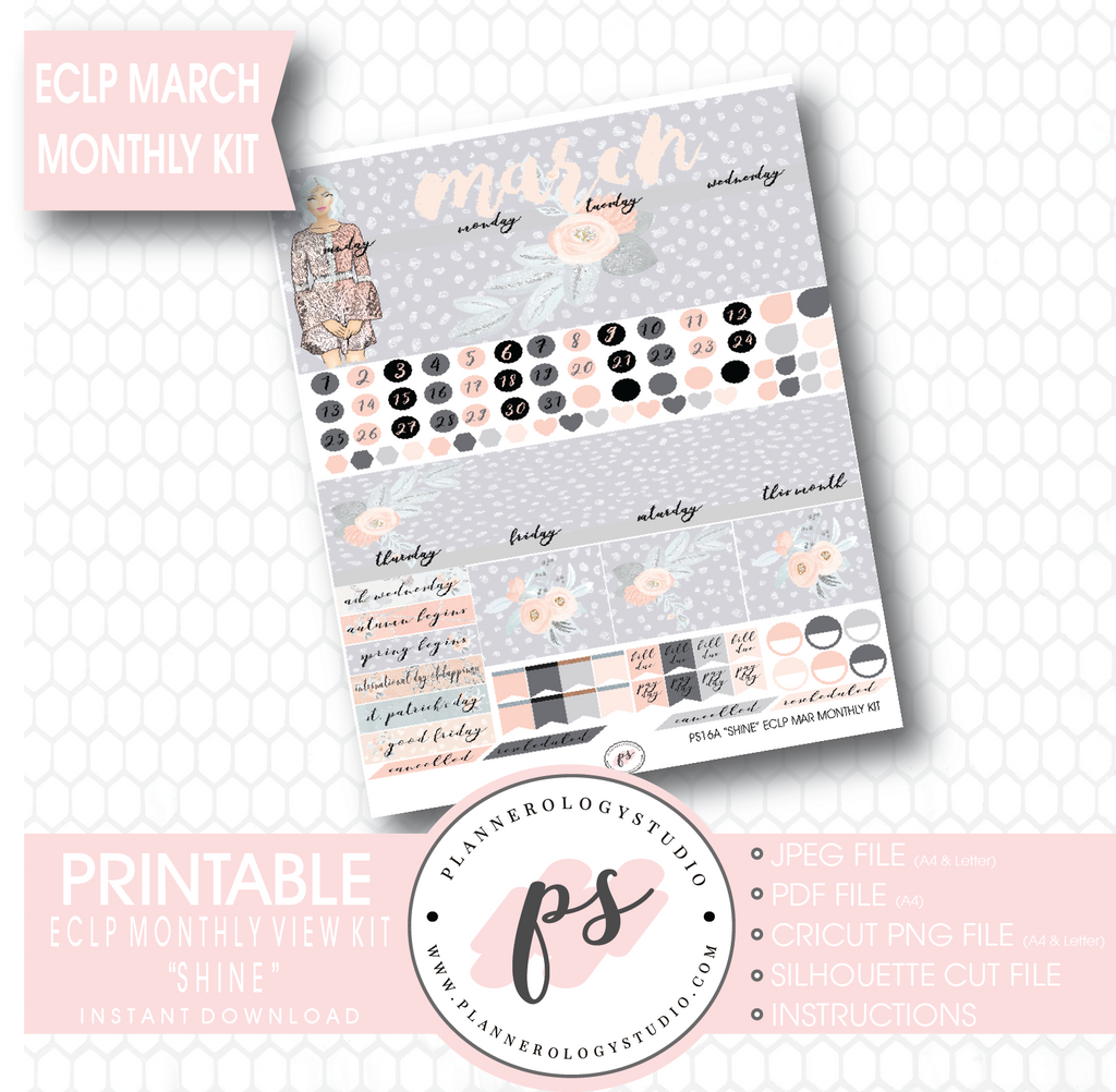 Shine March 2017 Monthly View Kit Printable Planner Stickers (for use with ECLP) - Plannerologystudio