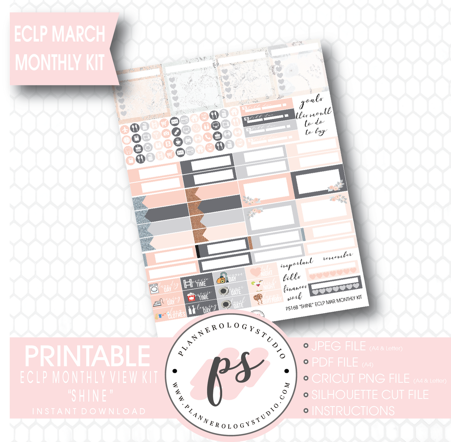 Shine March 2017 Monthly View Kit Printable Planner Stickers (for use with ECLP) - Plannerologystudio