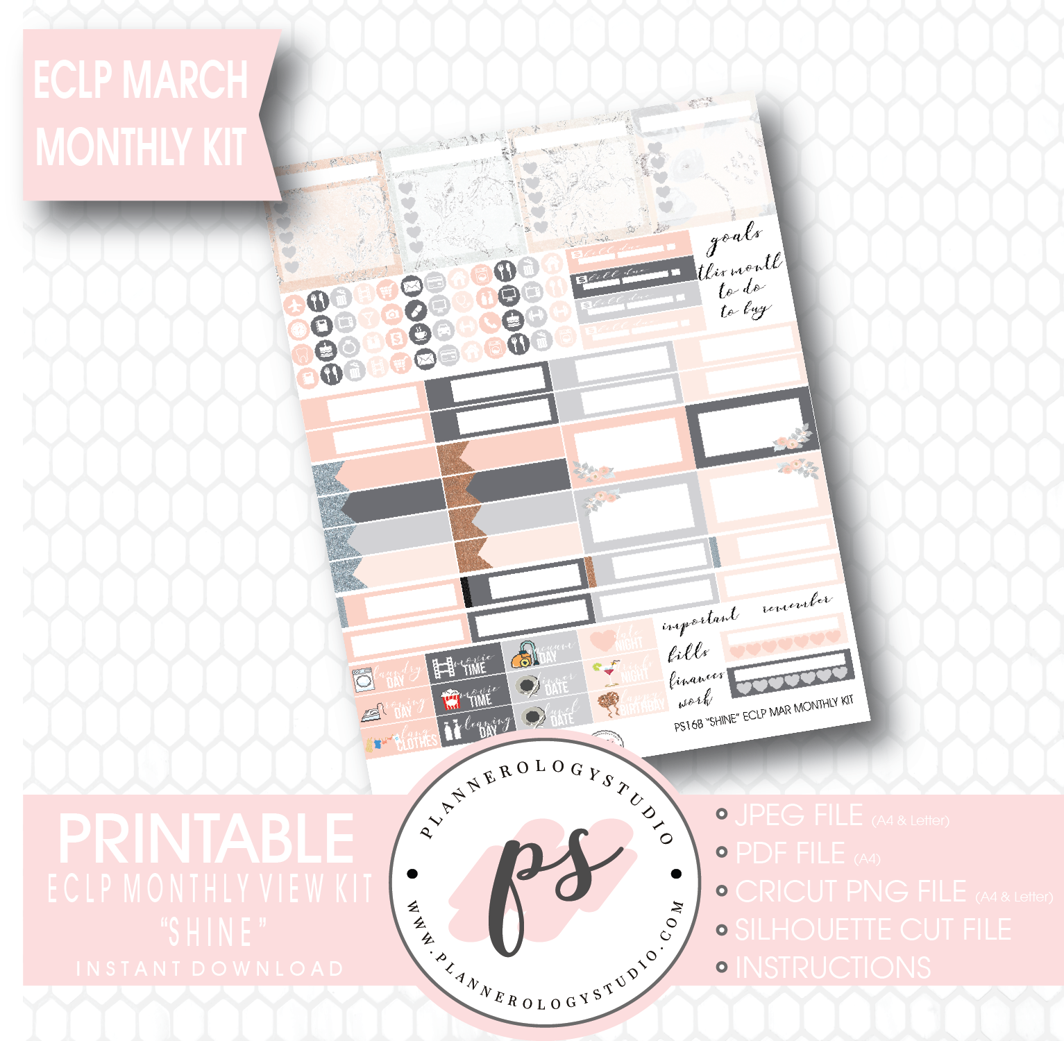 Shine March 2017 Monthly View Kit Printable Planner Stickers (for use with ECLP) - Plannerologystudio