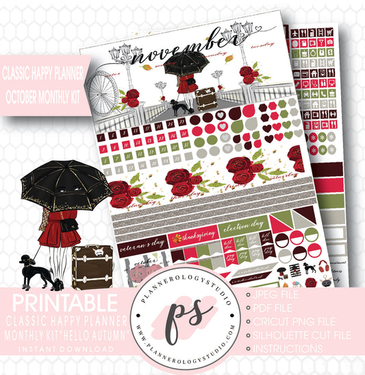 Hello Autumn (Fall) November 2017 Monthly View Kit Printable Planner Stickers (for use with Classic Happy Planner) - Plannerologystudio