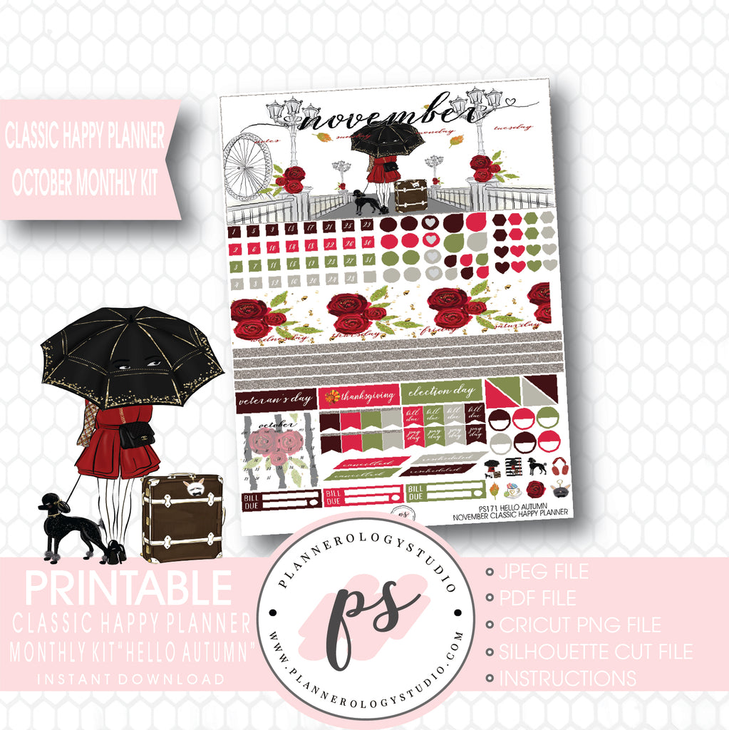 Hello Autumn (Fall) November 2017 Monthly View Kit Printable Planner Stickers (for use with Classic Happy Planner) - Plannerologystudio