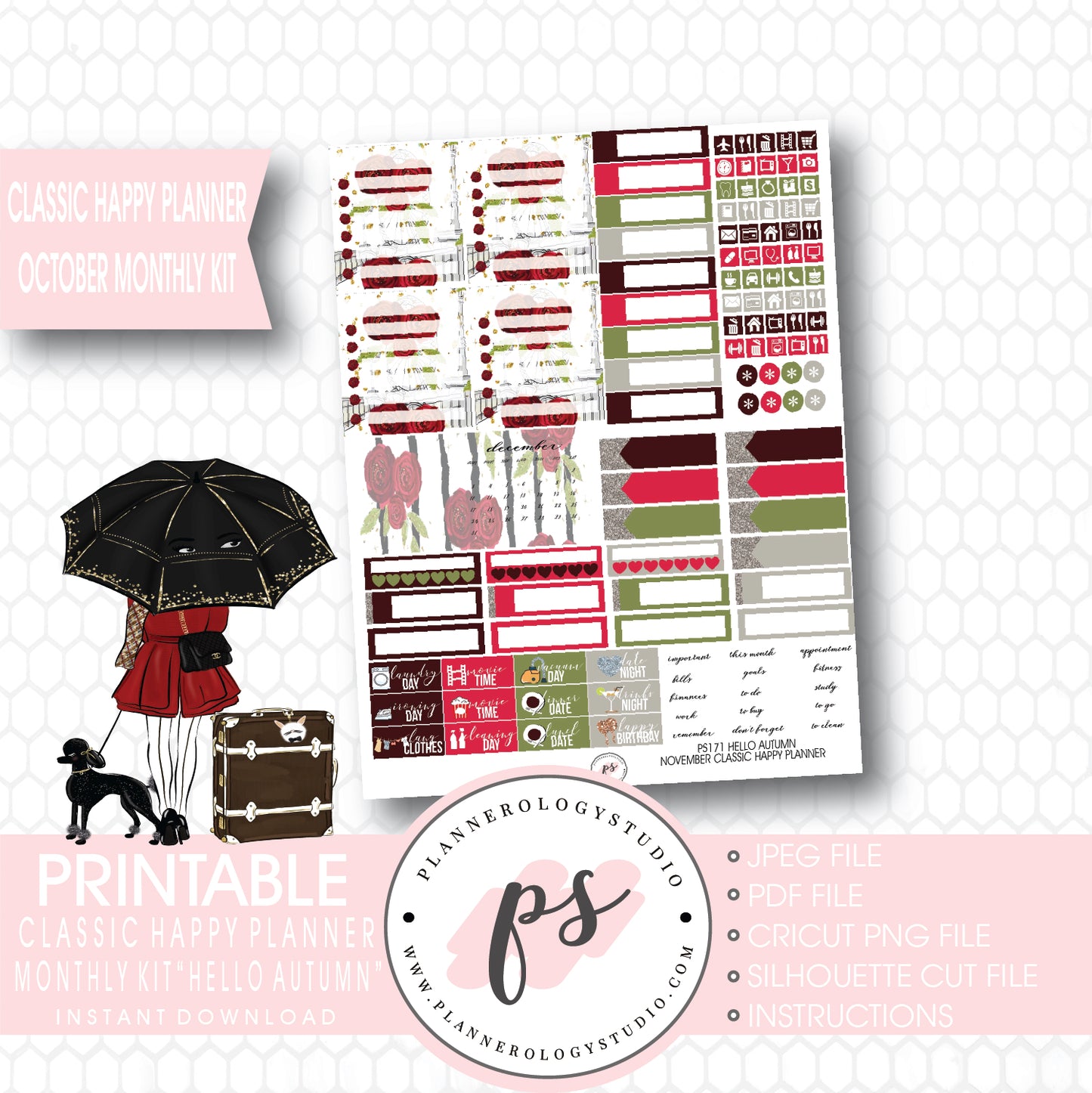 Hello Autumn (Fall) November 2017 Monthly View Kit Printable Planner Stickers (for use with Classic Happy Planner) - Plannerologystudio