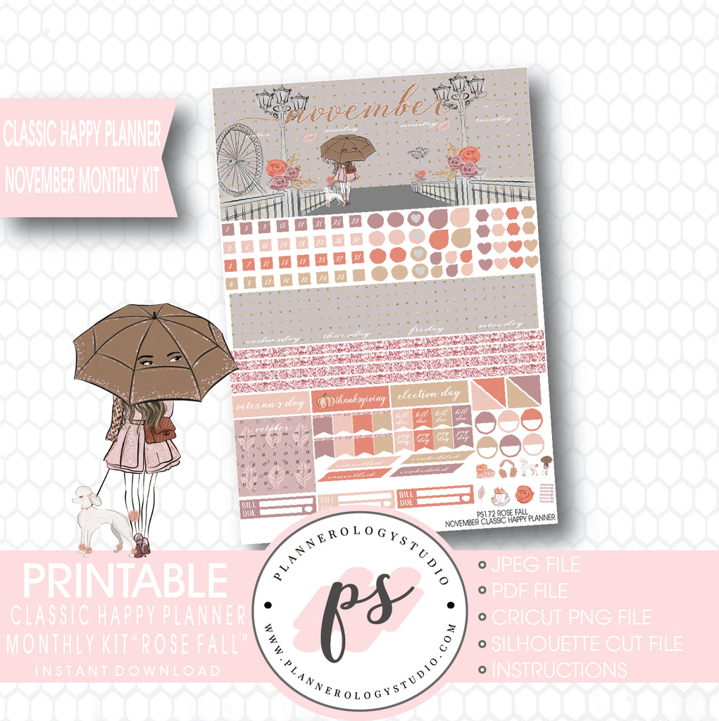 Rose Fall November 2017 Monthly View Kit Printable Planner Stickers (for use with Classic Happy Planner) - Plannerologystudio