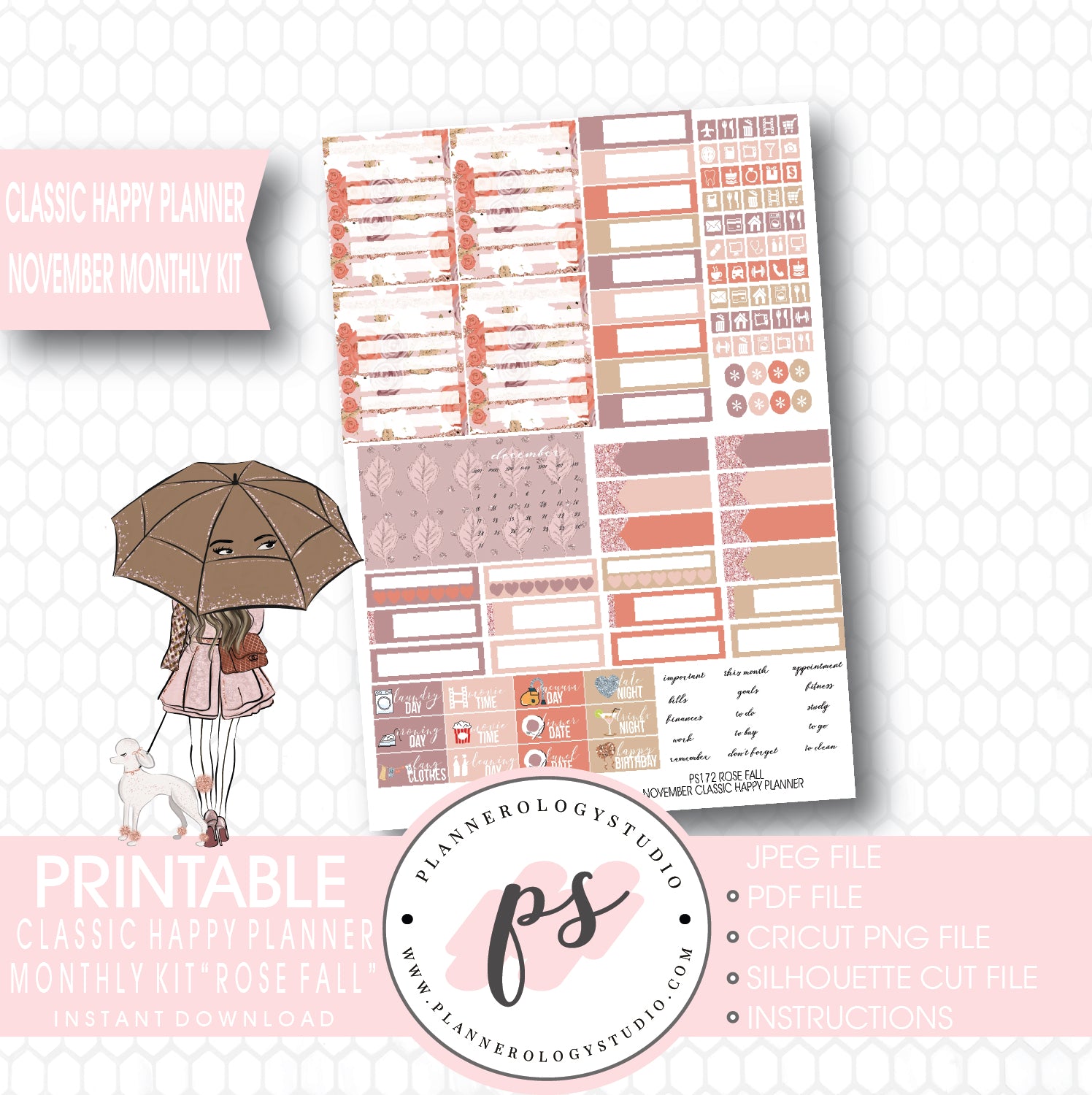Rose Fall November 2017 Monthly View Kit Printable Planner Stickers (for use with Classic Happy Planner) - Plannerologystudio