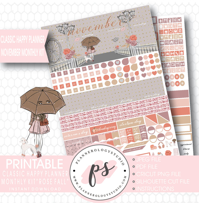 Rose Fall November 2017 Monthly View Kit Printable Planner Stickers (for use with Classic Happy Planner) - Plannerologystudio