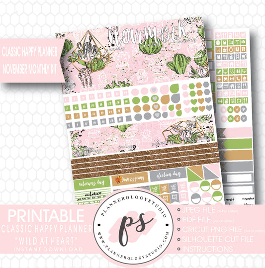 Wild at Heart Cactus November 2017 Monthly View Kit Printable Planner Stickers (for use with Classic Happy Planner) - Plannerologystudio