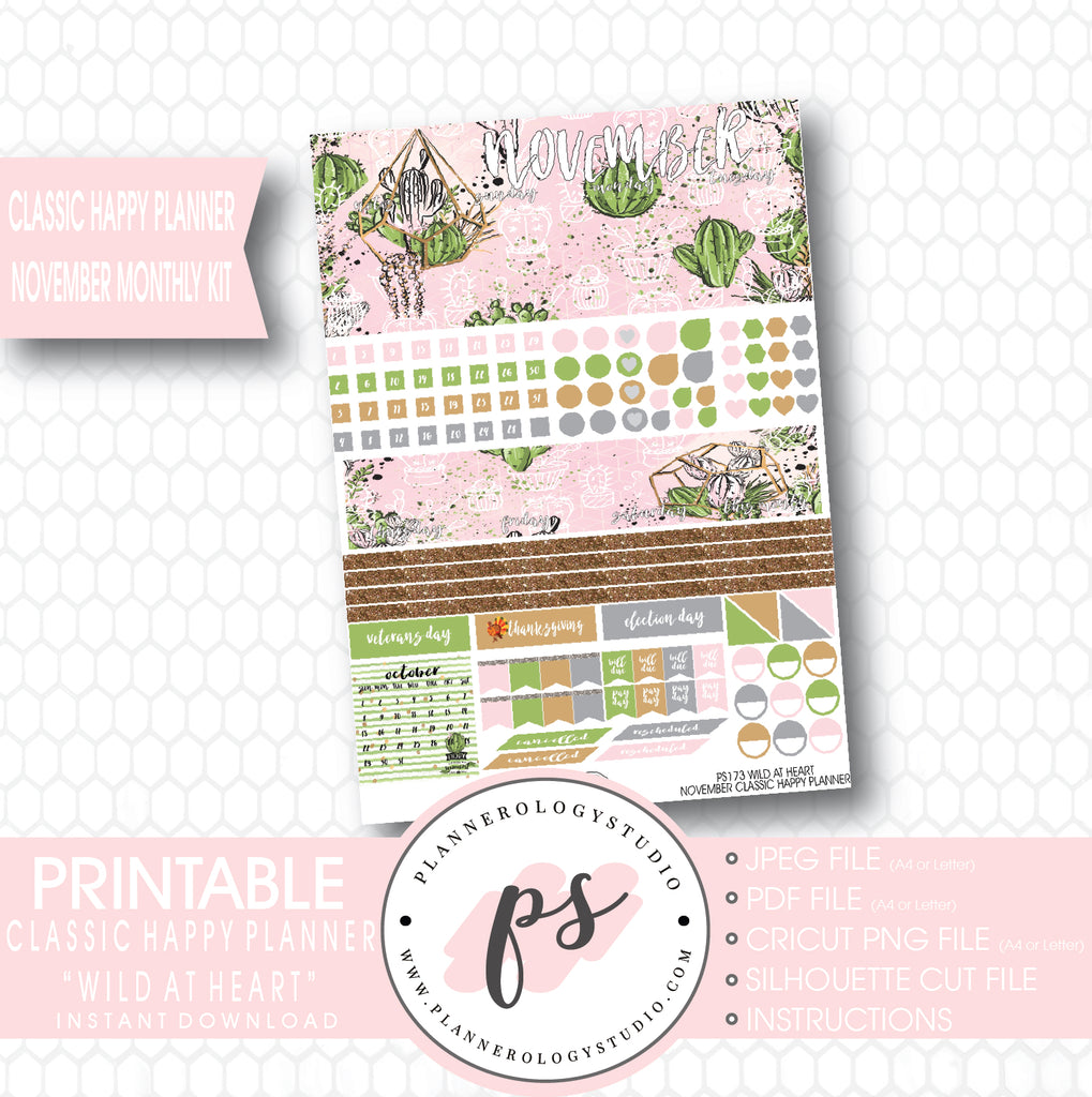 Wild at Heart Cactus November 2017 Monthly View Kit Printable Planner Stickers (for use with Classic Happy Planner) - Plannerologystudio