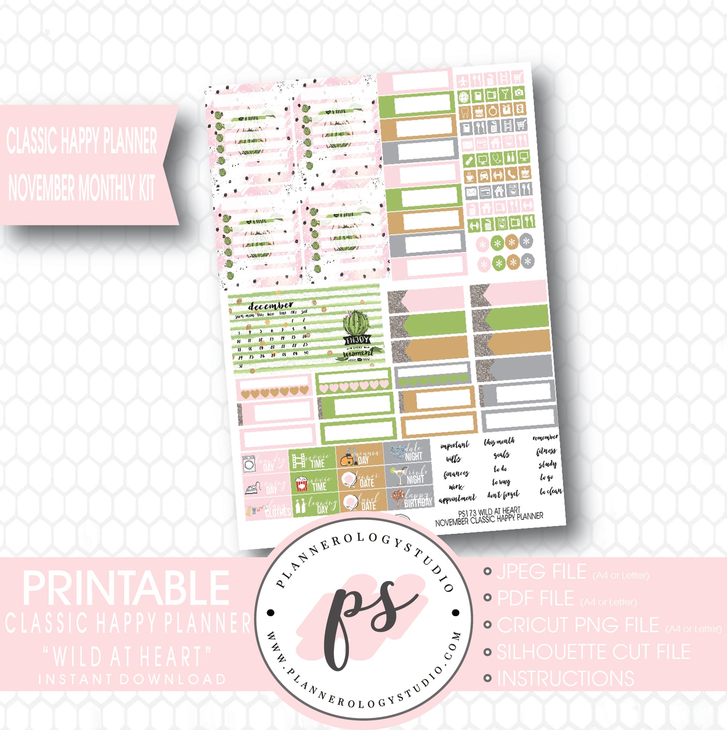 Wild at Heart Cactus November 2017 Monthly View Kit Printable Planner Stickers (for use with Classic Happy Planner) - Plannerologystudio