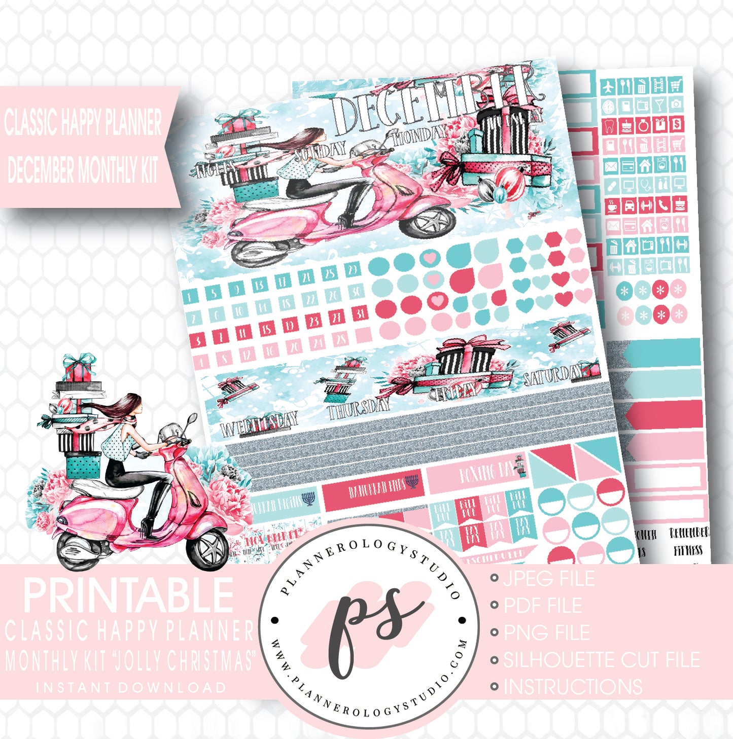 Jolly Christmas December 2017 Monthly View Kit Printable Planner Stickers (for use with Classic Happy Planner) - Plannerologystudio