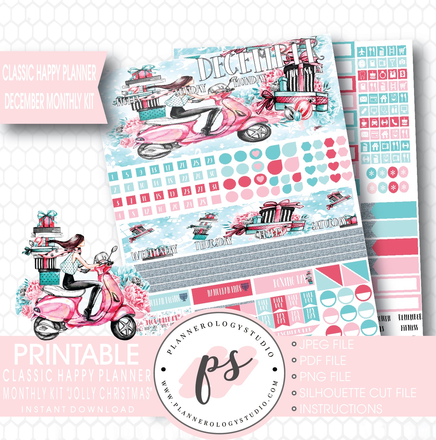 Jolly Christmas December 2017 Monthly View Kit Printable Planner Stickers (for use with Classic Happy Planner) - Plannerologystudio