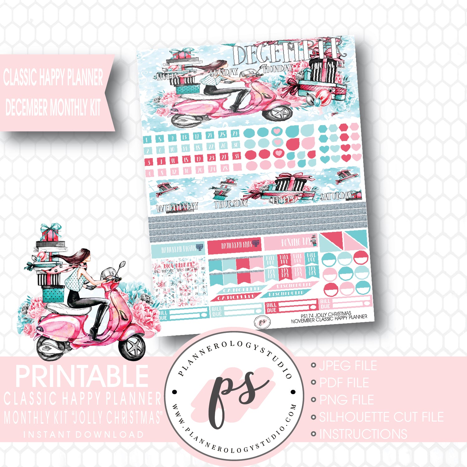 Jolly Christmas December 2017 Monthly View Kit Printable Planner Stickers (for use with Classic Happy Planner) - Plannerologystudio
