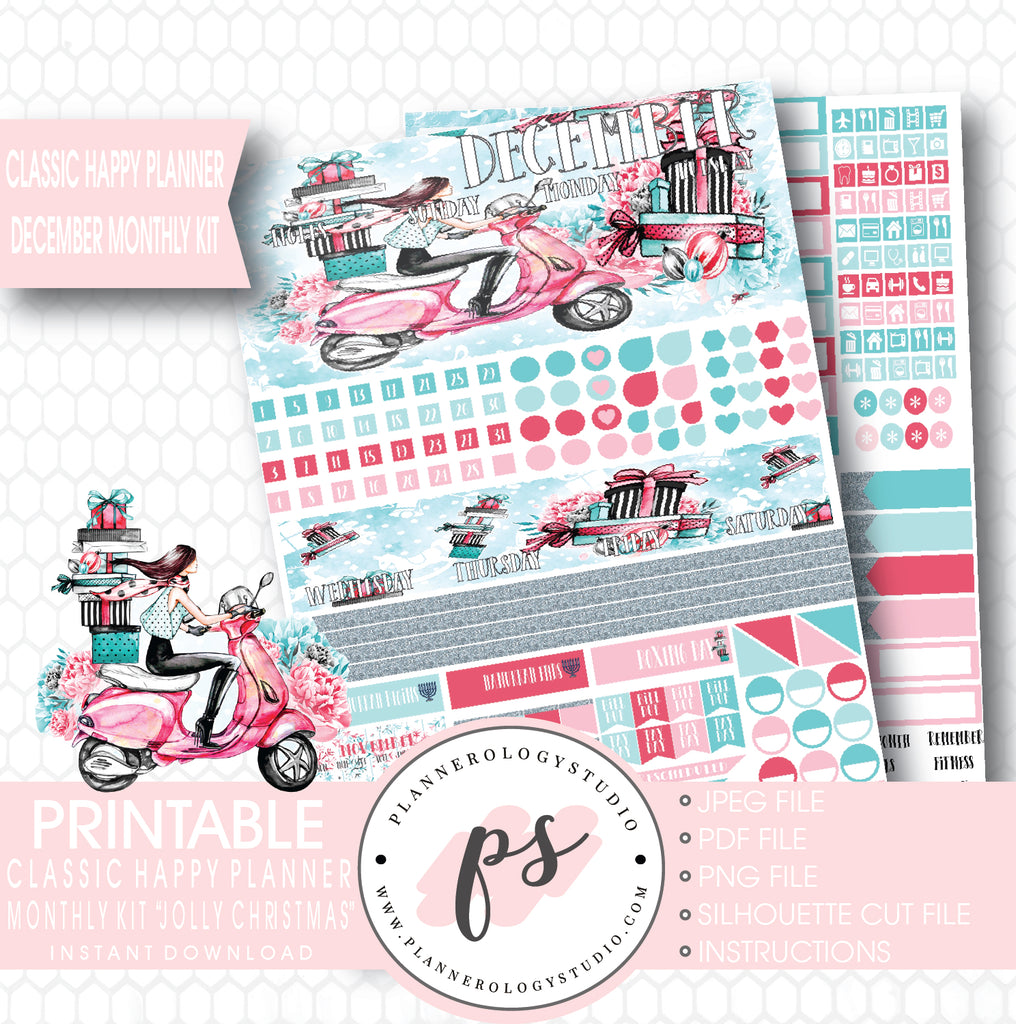 Jolly Christmas December 2017 Monthly View Kit Printable Planner Stickers (for use with Classic Happy Planner) - Plannerologystudio