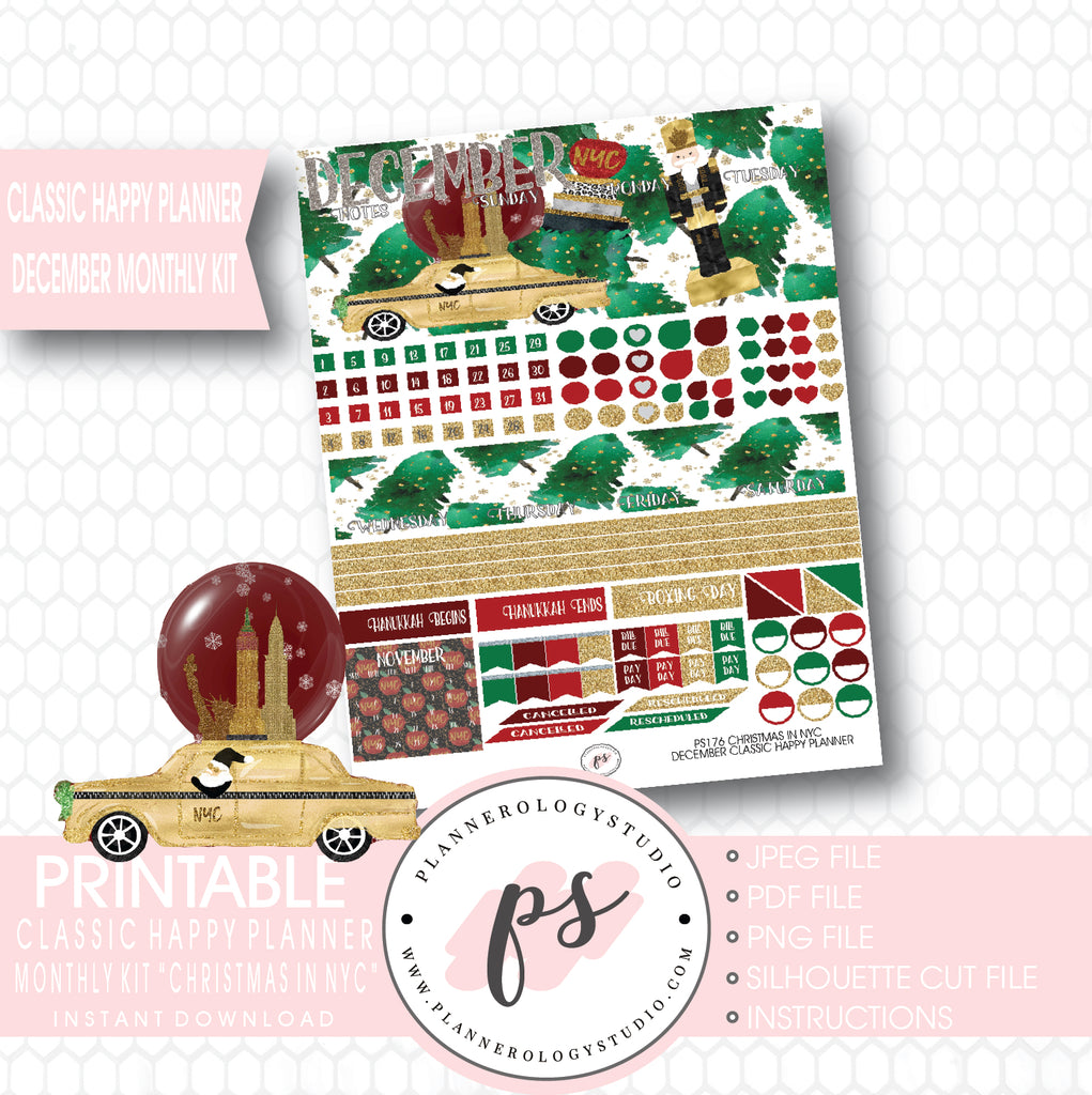 Christmas in NYC December 2017 Monthly View Kit Printable Planner Stickers (for use with Classic Happy Planner) - Plannerologystudio