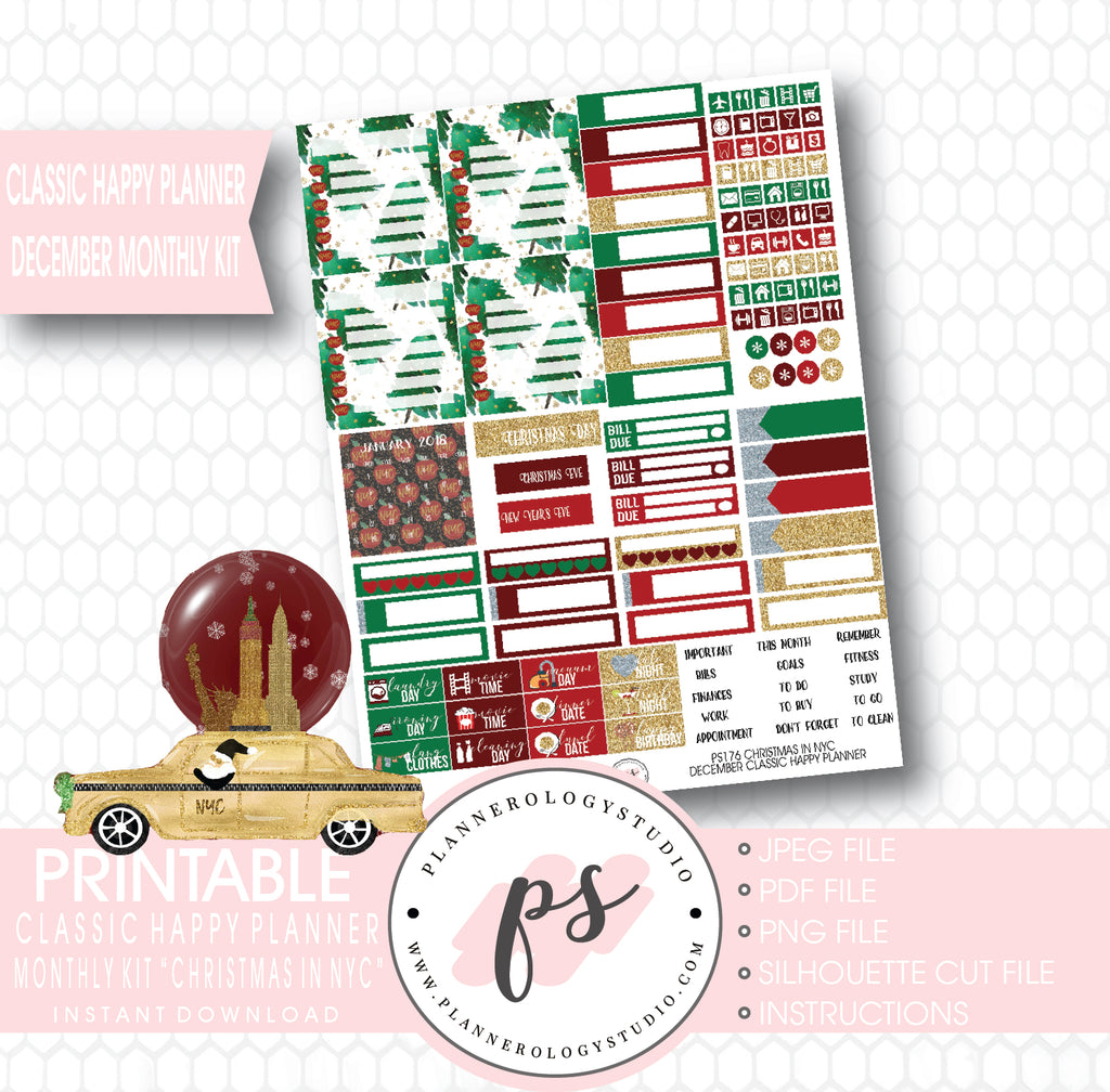 Christmas in NYC December 2017 Monthly View Kit Printable Planner Stickers (for use with Classic Happy Planner) - Plannerologystudio