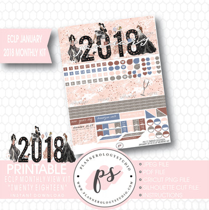 Twenty Eighteen New Year's January 2018 Monthly View Kit Printable Planner Stickers (for use with ECLP) - Plannerologystudio