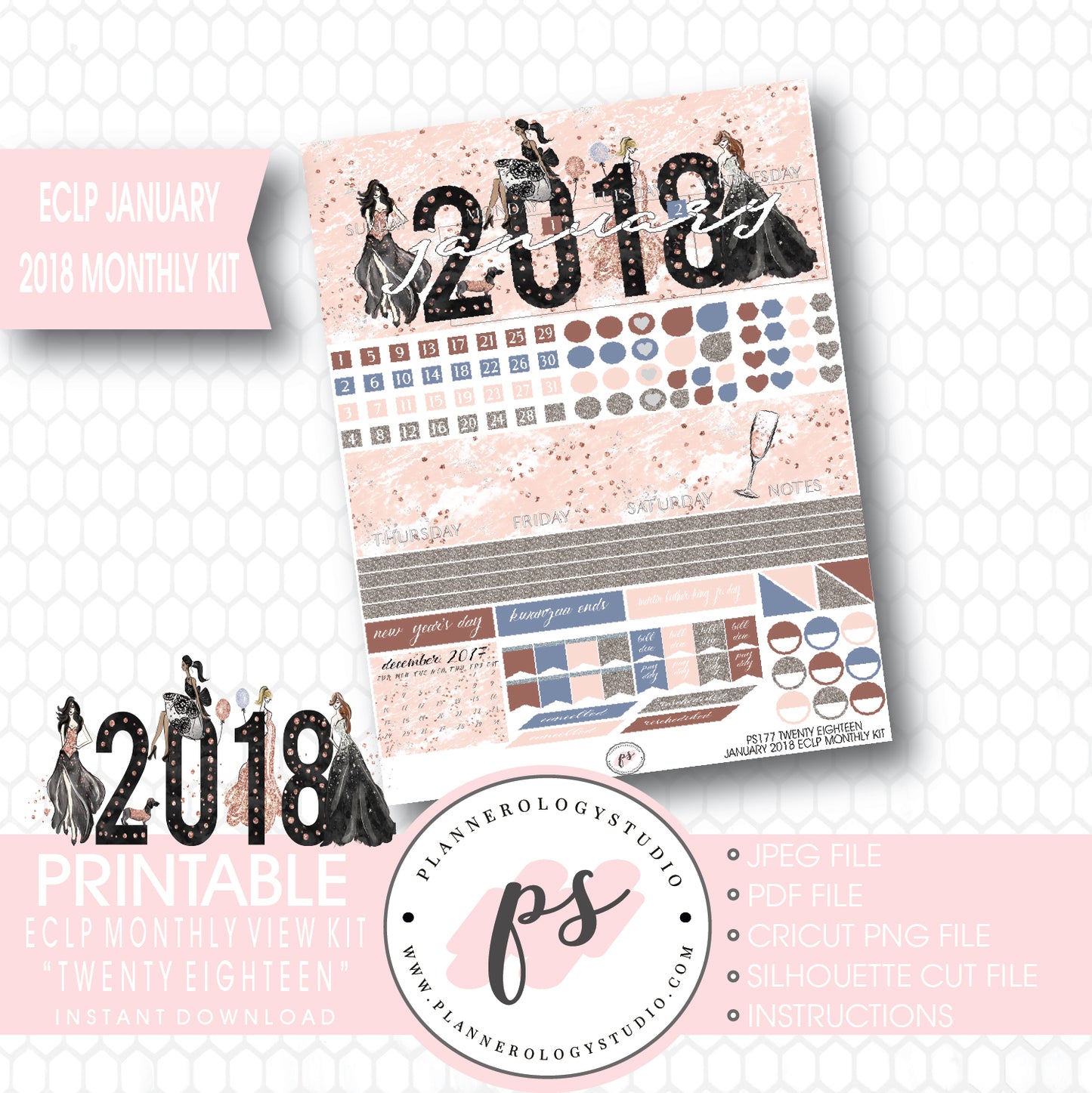 Twenty Eighteen New Year's January 2018 Monthly View Kit Printable Planner Stickers (for use with ECLP) - Plannerologystudio