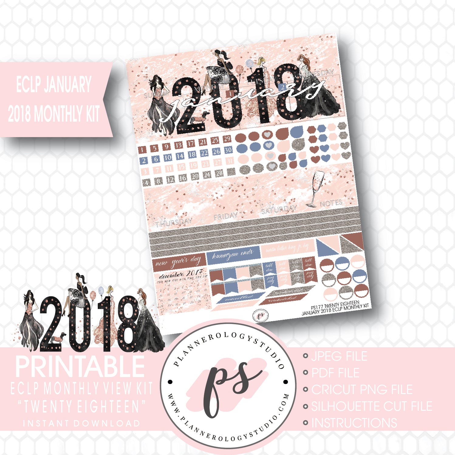 Twenty Eighteen New Year's January 2018 Monthly View Kit Printable Planner Stickers (for use with ECLP) - Plannerologystudio