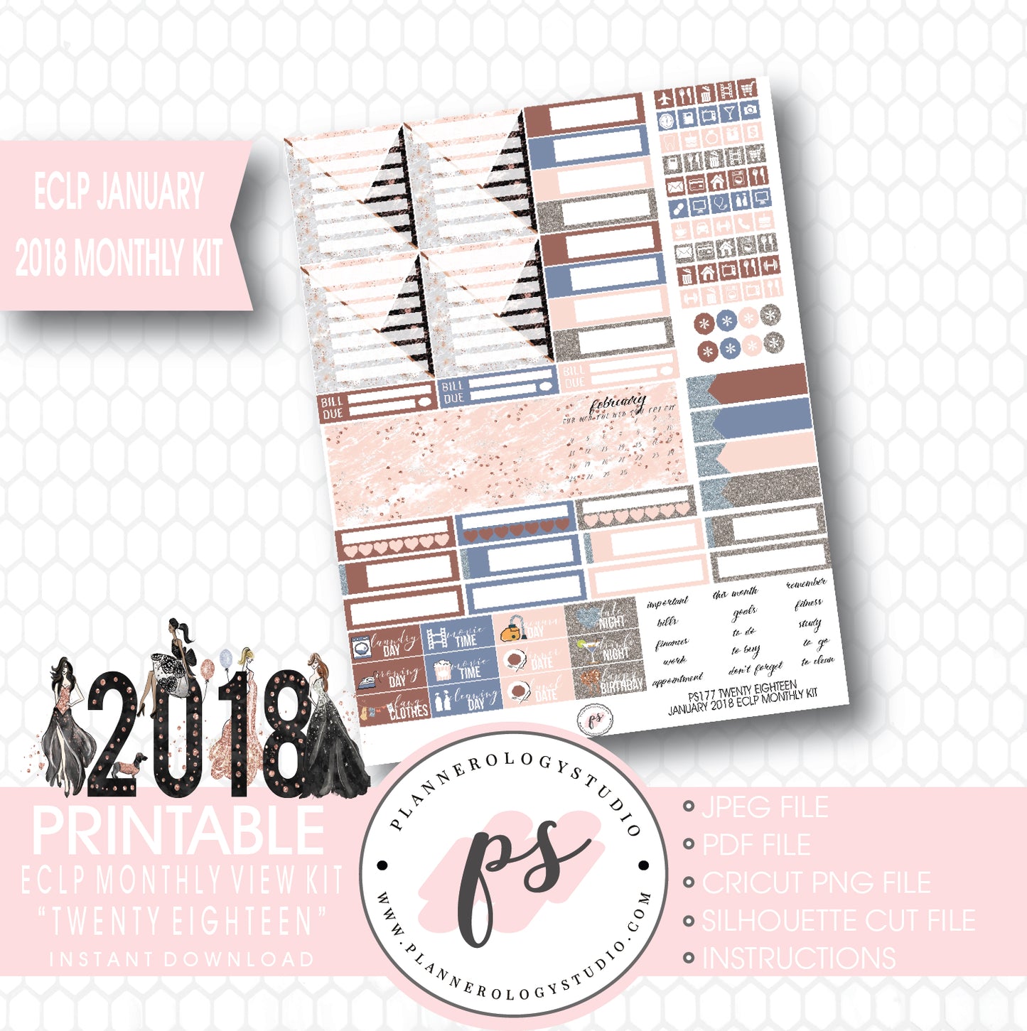 Twenty Eighteen New Year's January 2018 Monthly View Kit Printable Planner Stickers (for use with ECLP) - Plannerologystudio