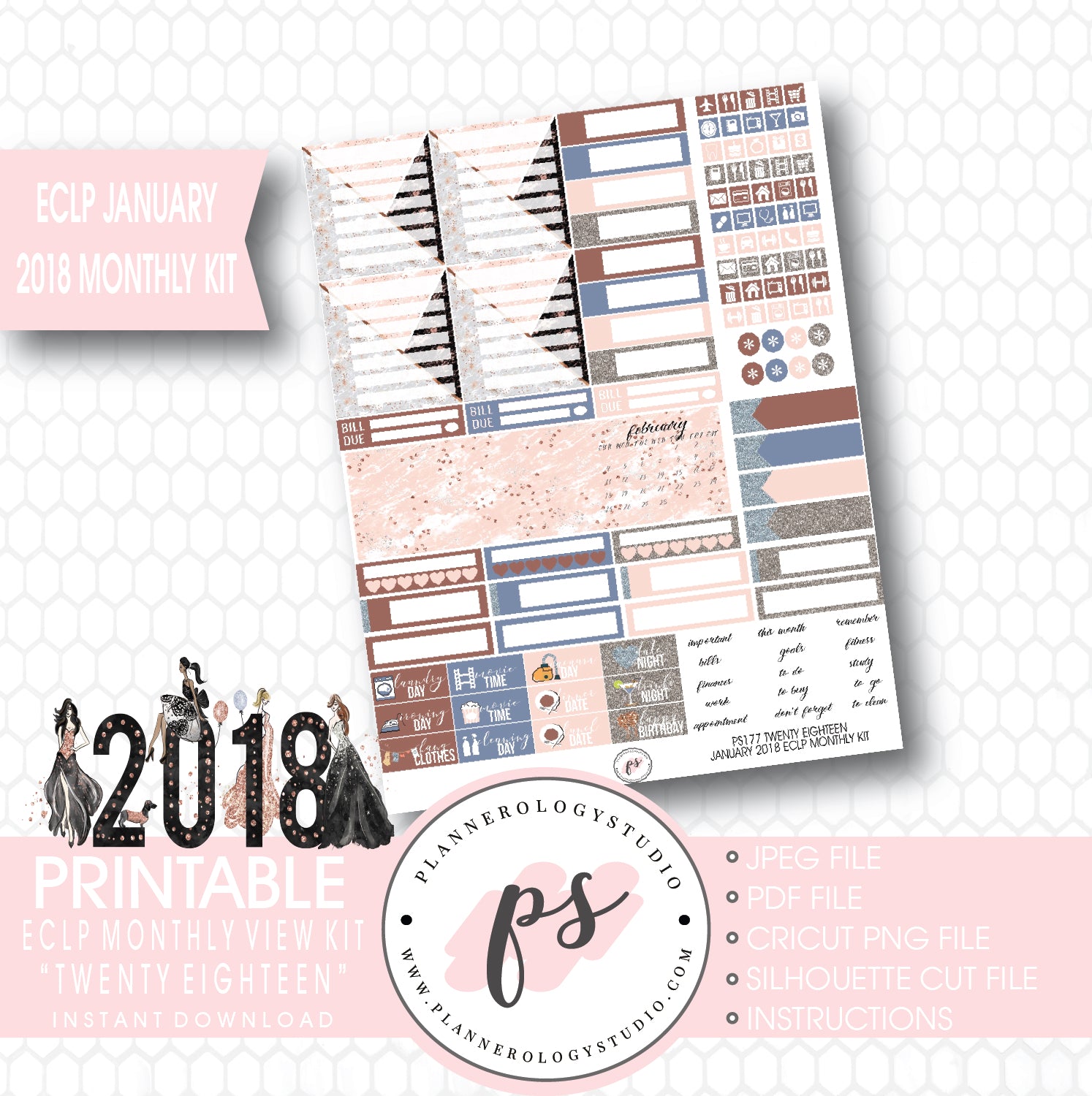 Twenty Eighteen New Year's January 2018 Monthly View Kit Printable Planner Stickers (for use with ECLP) - Plannerologystudio