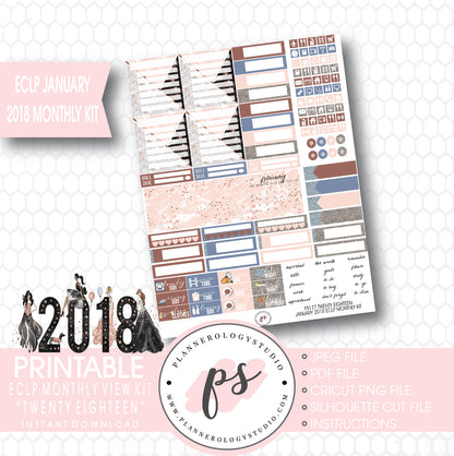 Twenty Eighteen New Year's January 2018 Monthly View Kit Printable Planner Stickers (for use with ECLP) - Plannerologystudio
