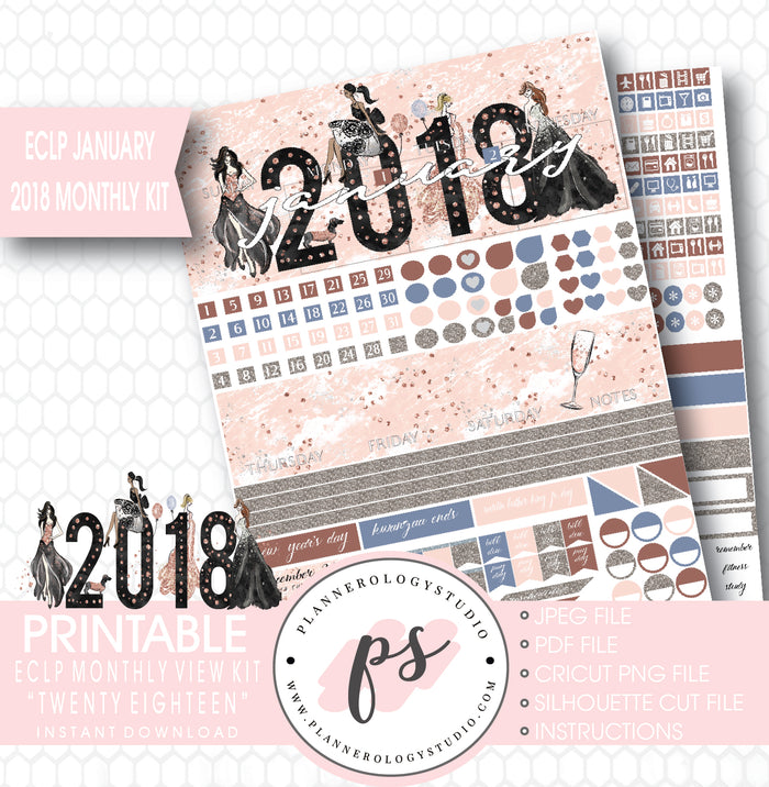 Twenty Eighteen New Year's January 2018 Monthly View Kit Printable Planner Stickers (for use with ECLP) - Plannerologystudio